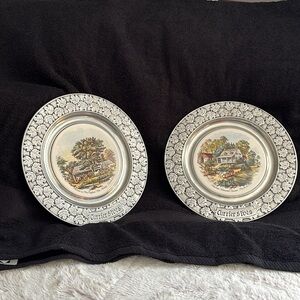 Two Currier & Ives Carson pewter/ceramic plates!!